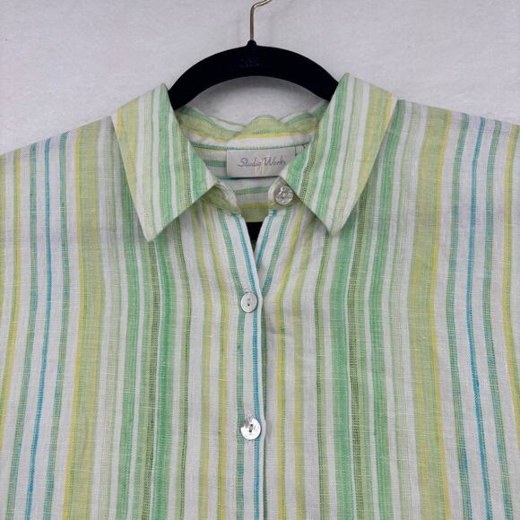 Studio Works Linen Blouse Womens Size L Green Stripe Button Up Roll Tab Sleeves - Picture 2 of 11